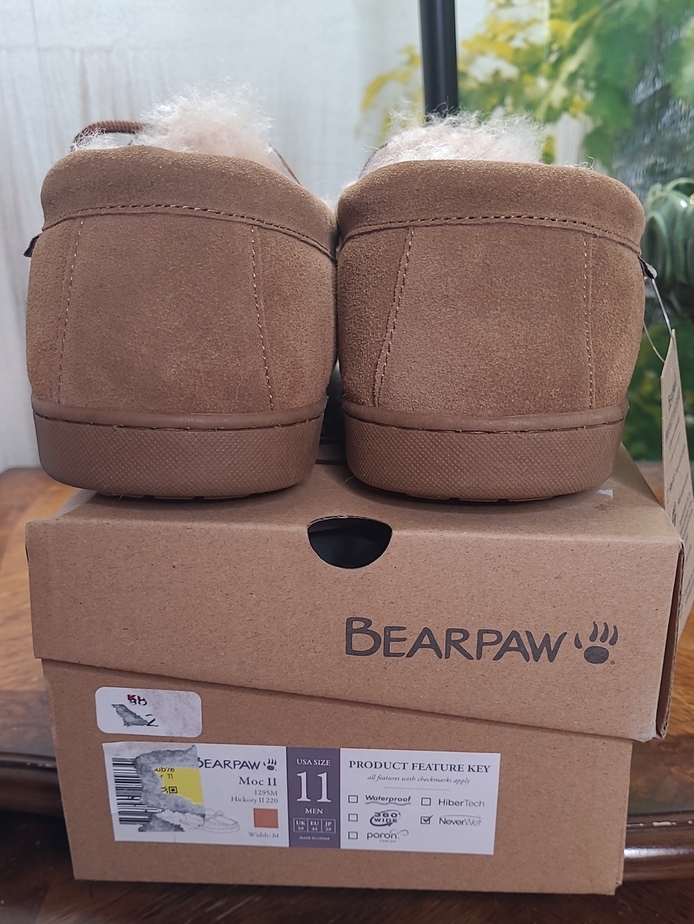 New in box! BearPaw Moc II Hickory Mens 11 Tan Suede Wool Cozy Moccasin Slippers - Picture 5 of 9